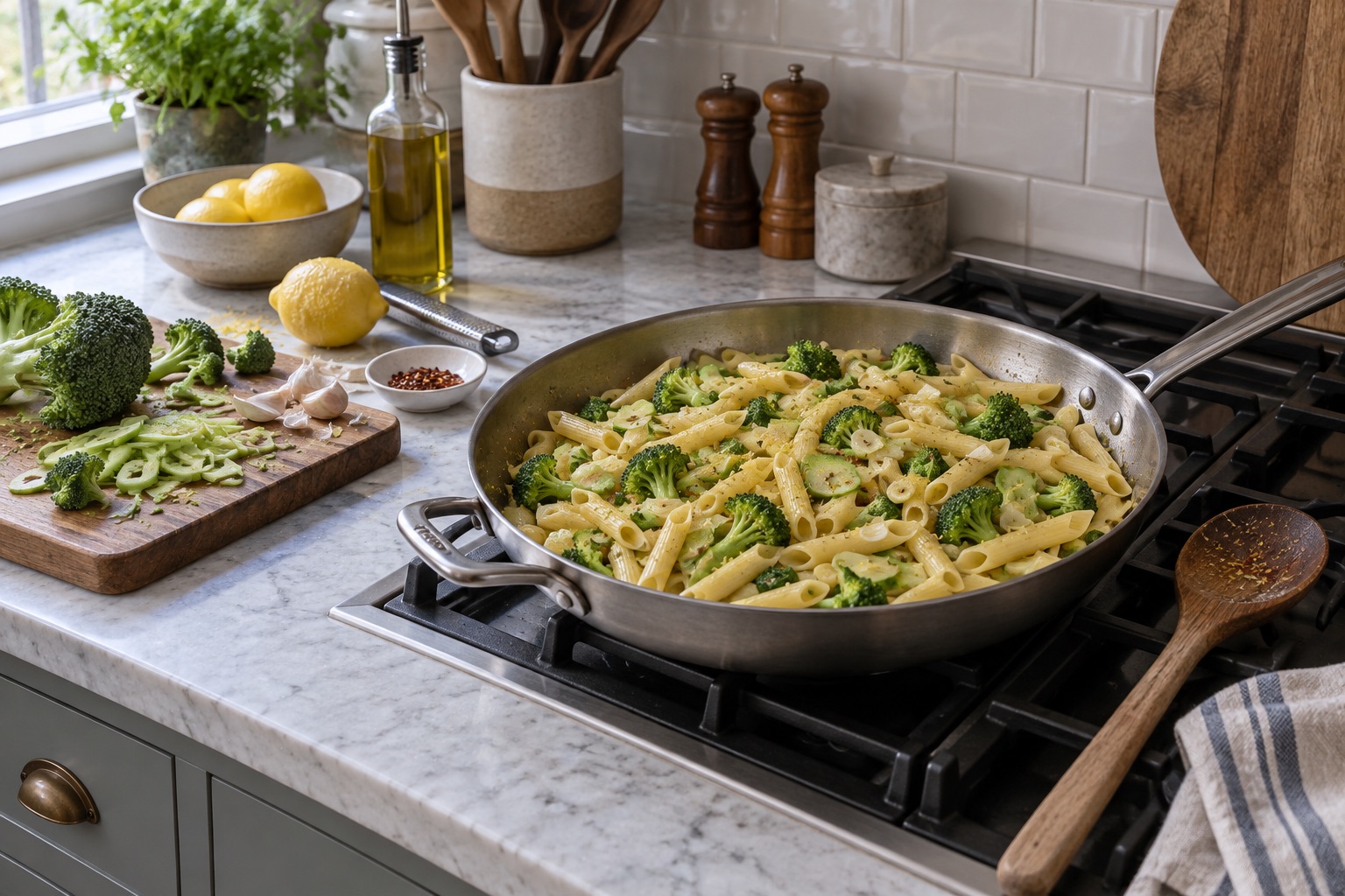 A whole pan of Penne with broccoli florets, sliced stalks and garlic on a kitchen hob