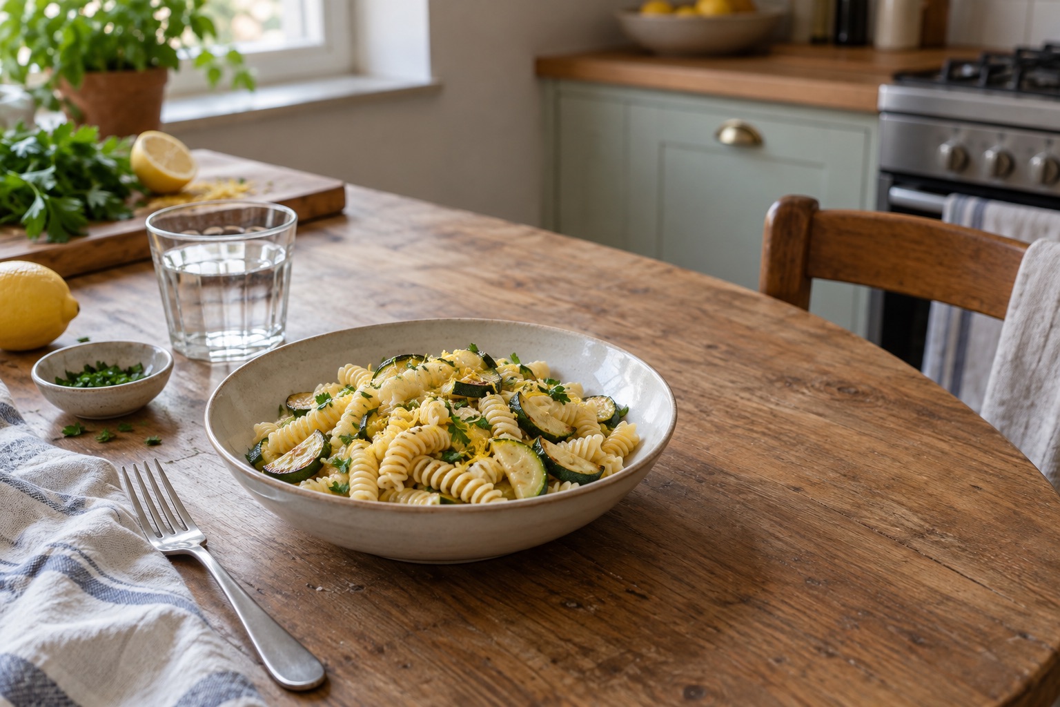 A whole bowl of Fusilli with courgette half-moons, lemon zest and parsley on a kitchen table