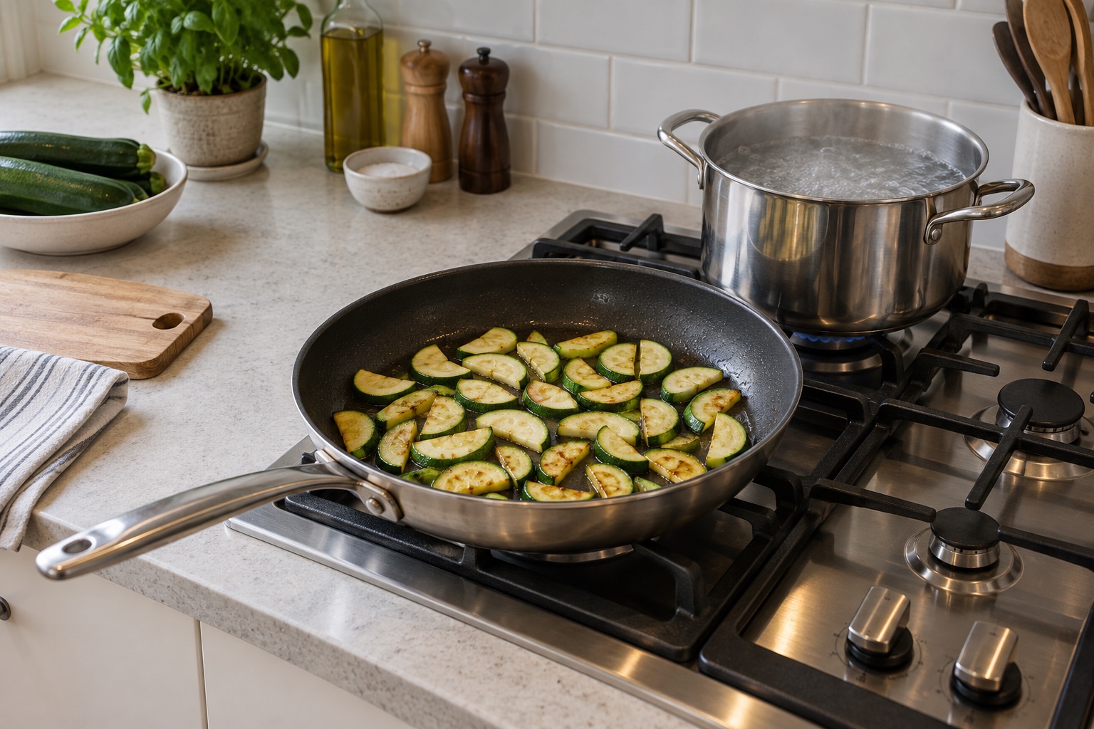 An entire frying pan with courgette half-moons cooking in a loose layer on a home hob