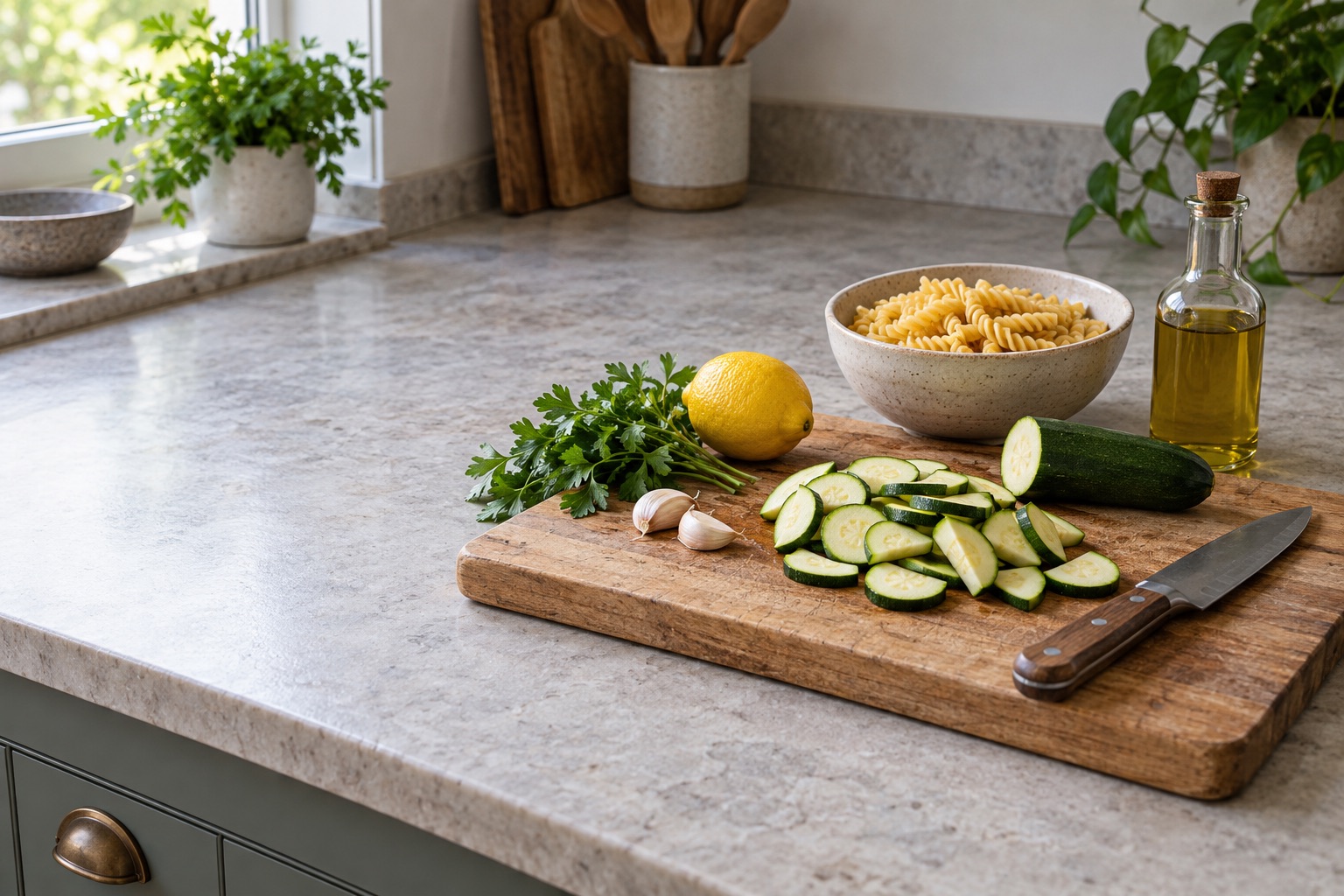 Courgette half-moons, garlic, lemon, parsley and dry Fusilli arranged on a home kitchen counter