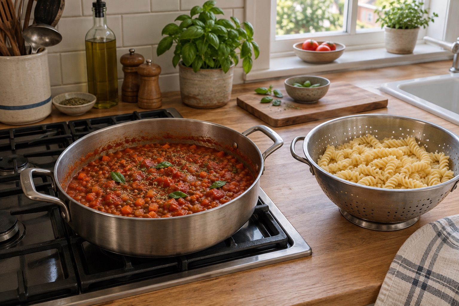 A pan of tomato and brown-lentil sauce beside drained Fusilli