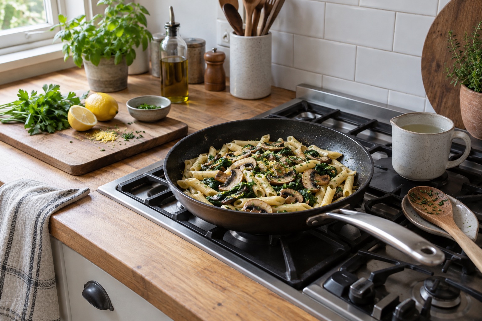 Penne with mushrooms and spinach in a wide frying pan beside a mug of cooking water