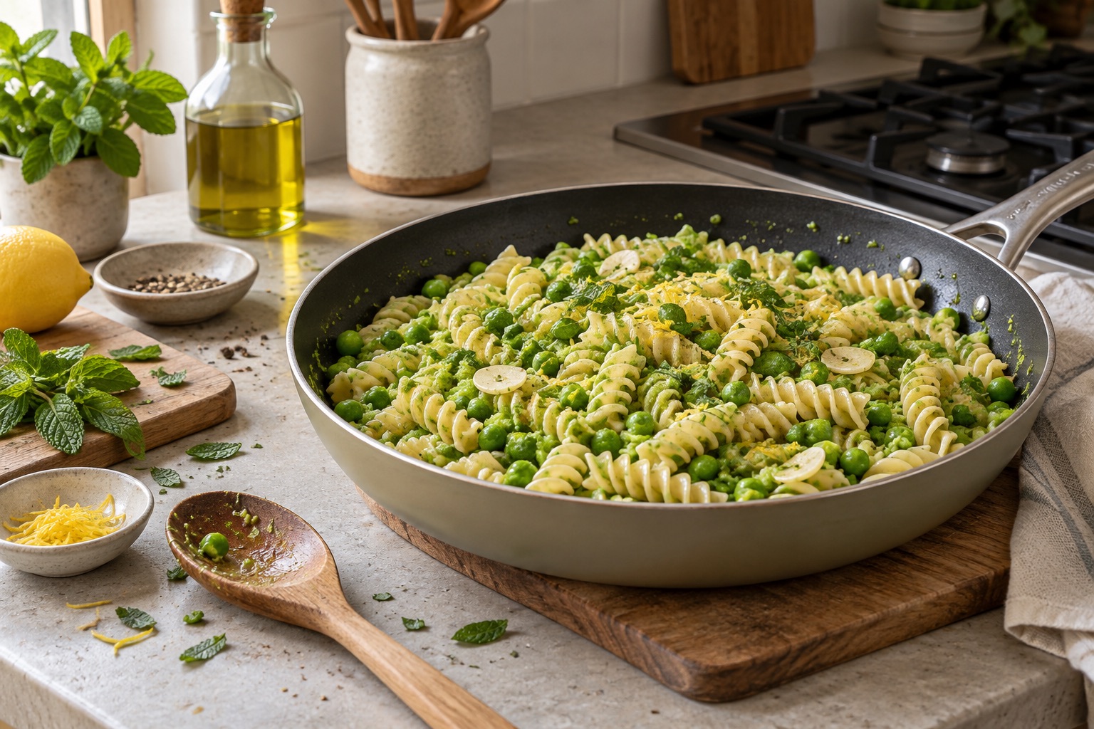 A shallow pan of Fusilli with whole peas and a coarse pea coating
