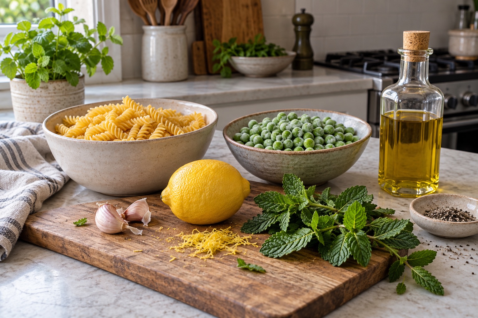 Dry Fusilli, frozen peas, lemon, mint, garlic and olive oil on a kitchen counter