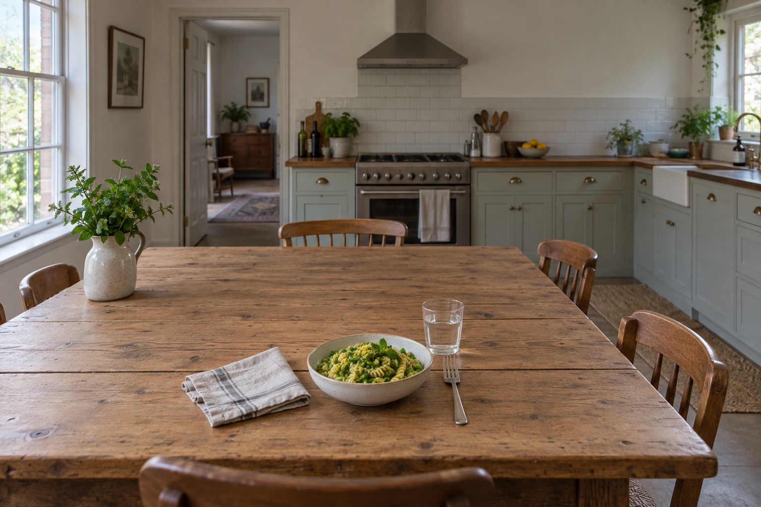 A whole bowl of Fusilli with green peas, mint and lemon zest on a wooden table