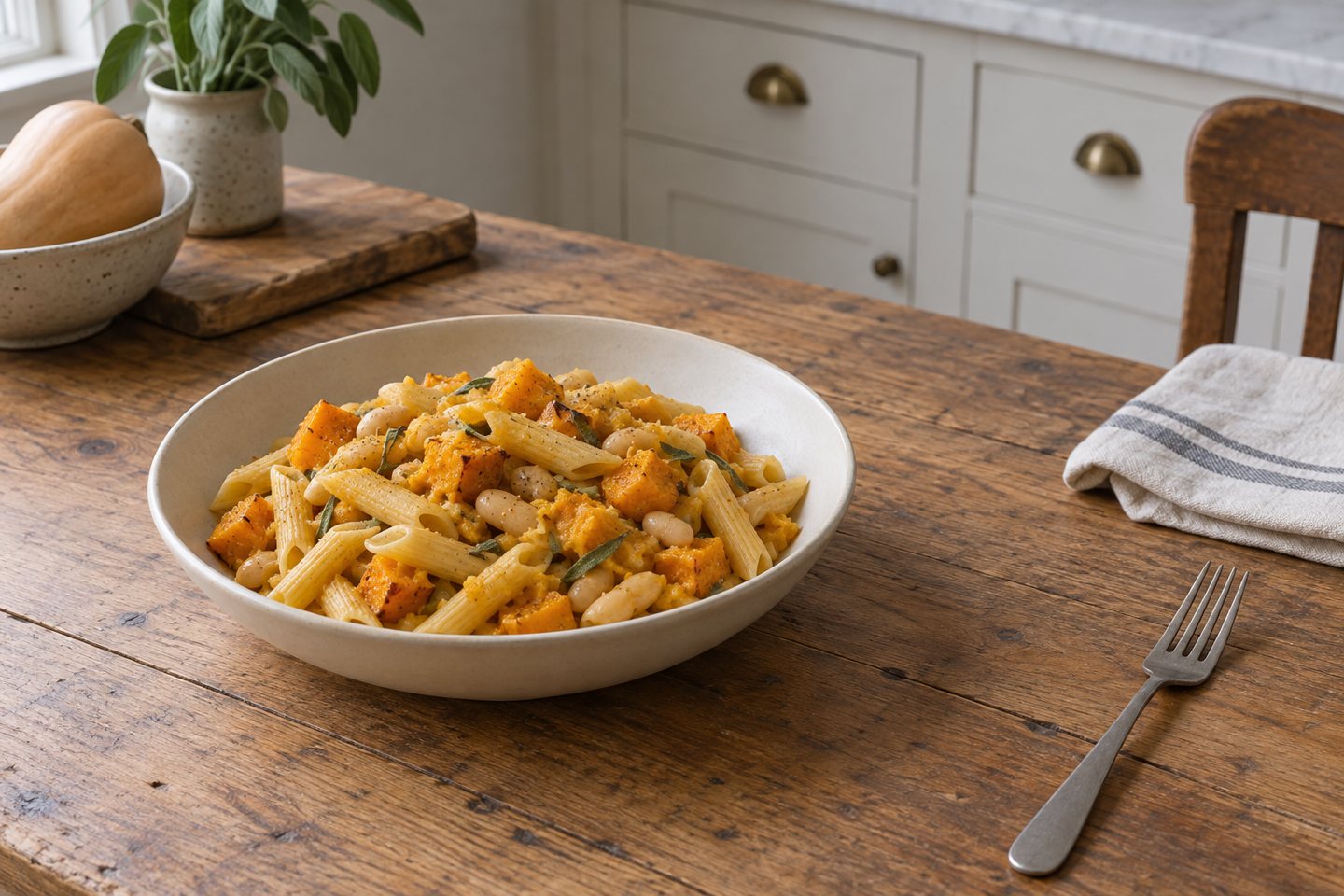 A whole bowl of Penne with roasted butternut squash cubes, cannellini beans and sliced sage on a kitchen table