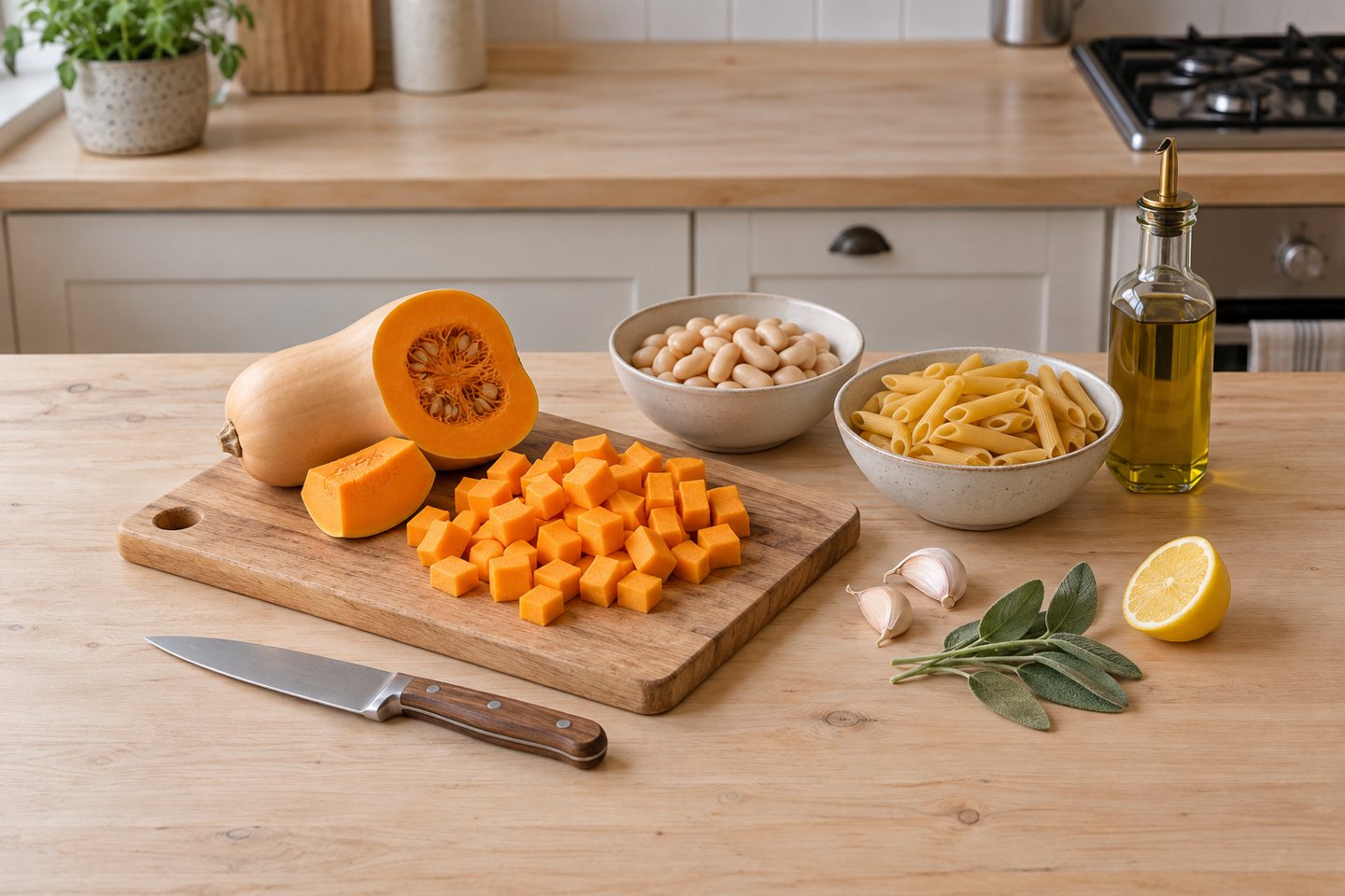 Prepared butternut cubes, dry Penne, cannellini beans, garlic, sage and lemon on a kitchen counter