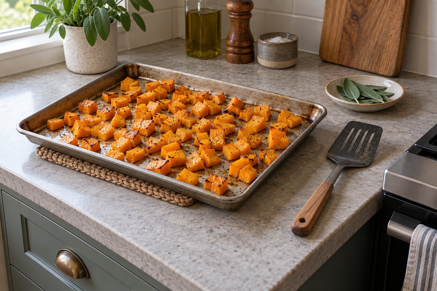 A whole roasting tray of small butternut squash cubes on a kitchen-counter trivet
