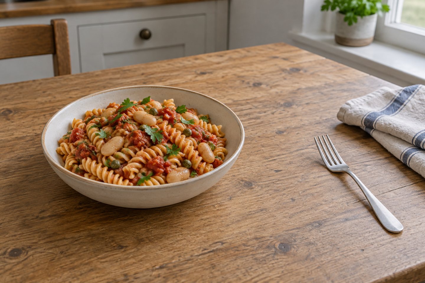 Tomato, Butter Bean & Caper Fusilli