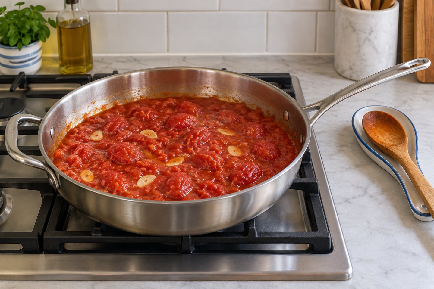 A whole wide pan of chunky tomato sauce with garlic on a home hob