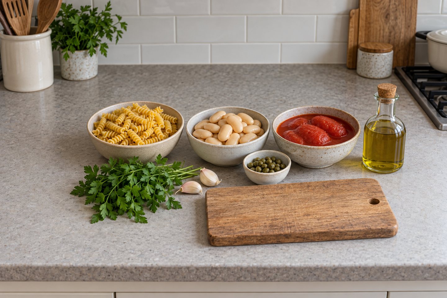 Dry Fusilli, butter beans, whole tinned plum tomatoes, capers, garlic, parsley and olive oil on a kitchen counter